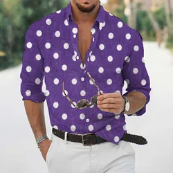 Vintage Men's Shirts Long Sleeve Polka Dot Print Purple Shirt For Men Casual Daily Tops Streetwear Clothes Harajuku Male Blouse