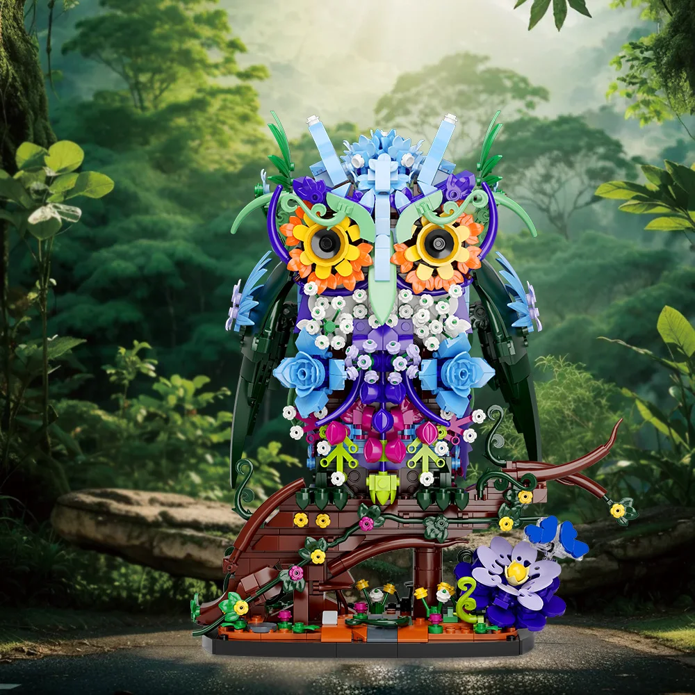 1241PCS Owl Animal Flowers Building Toy Set MOC Floral Collectible Model for Home Decor Office Art Halloween Christmas Gifts