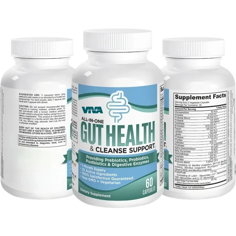 Intestinal health nutrient supplement capsules contain a mixture of prebiotics, probiotics, and digestive enzymes