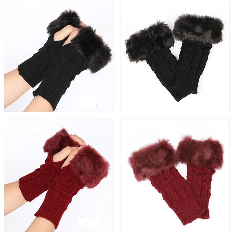 Fingerless Gloves Women Cable Knit Faux Rabbit Fur Winter Warm Wrist Warmers Typing Office Windproof Gloves Stretchy Daily Wear