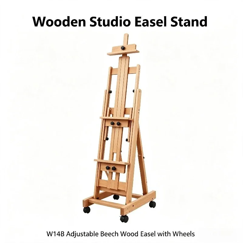 Beech Wood Adjustable Foldable Easel with Wheels Dual Use Sketch Oil Painting Display Stand for Students Kids