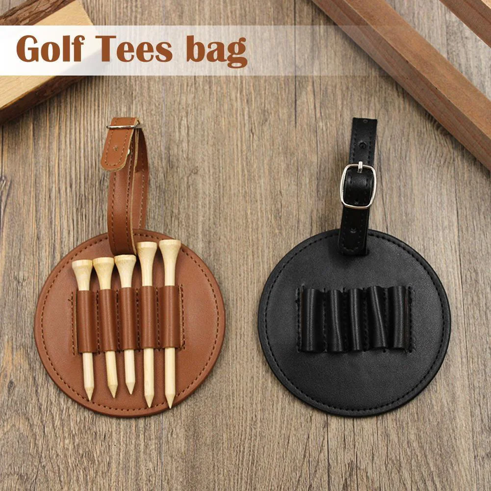 Golf Tee Bag 5 Tee Holes Golf Ball Tee PU Leather Portable Wooden Tee Storage Case With Hanging Belt (Without Tees)