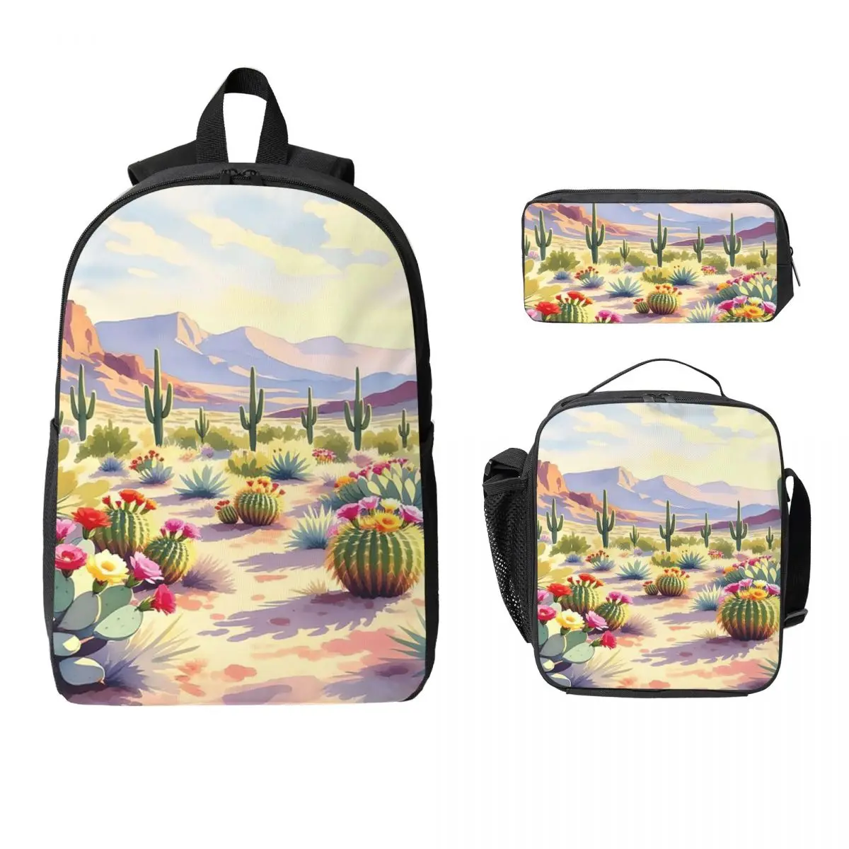 Cactus And Flower Desert Scenery Backpack Kids BookBag School Bag Computer Shoulder Bags 3ps Insulated Lunch Bag Pencil Case