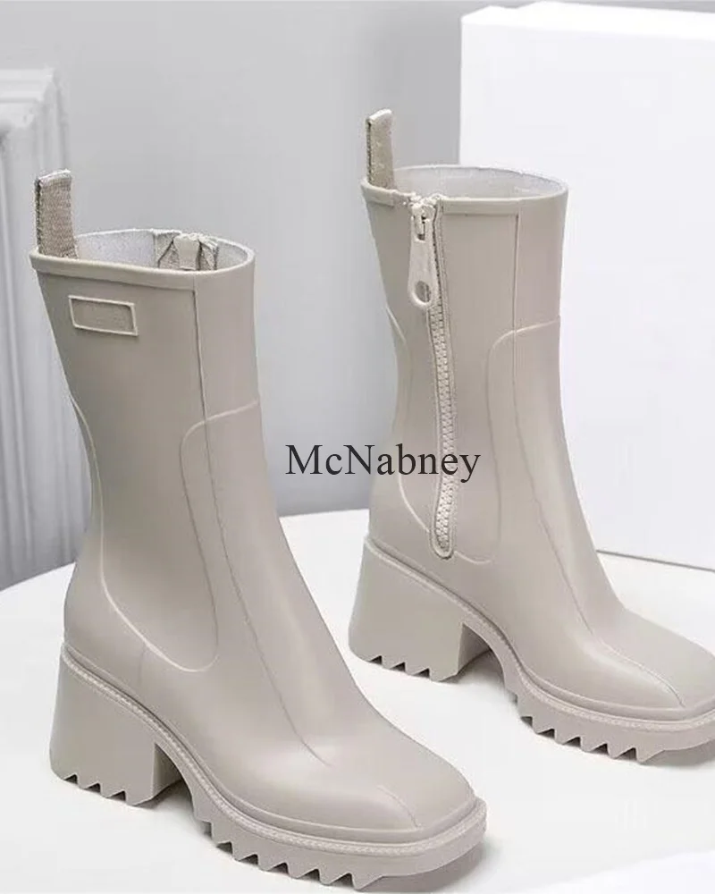 Trendy And Versatile Women Mid-Calf Rain Boots Square Toe Chunky Middle Heel Environmental Protection PVC Zipper Design