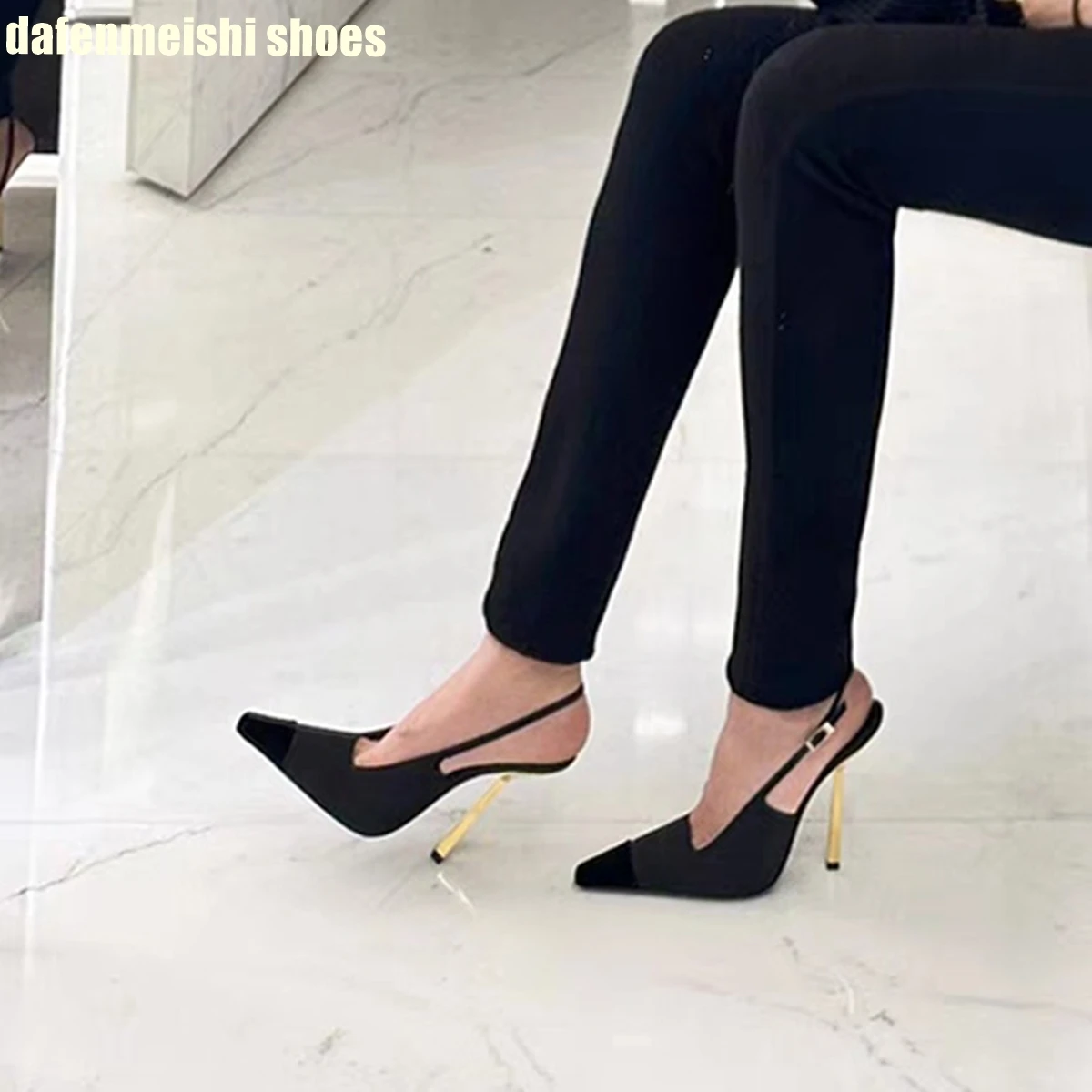 Satin Fabric Square Toe Metal Thin Heel Women High Heels Back Strap Slingback Fashion Sandals Black/white 2024 New Pumps