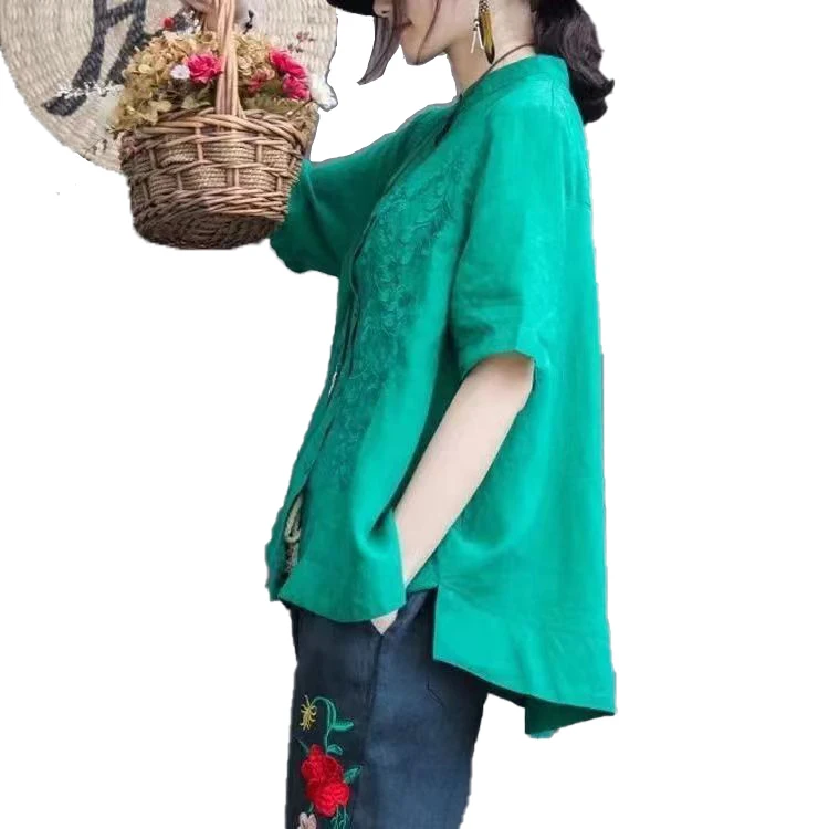 Luźna bluzka damska z czystej bawełny, haftowana, z kołnierzykiem stójką, artystyczna, o luźnym kroju, casualowa, z materiału przypominającego len.