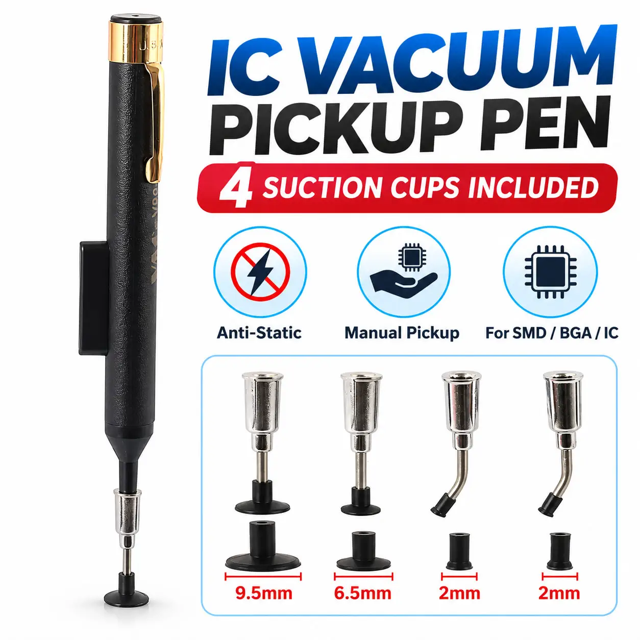 Anti-satic IC Pick-up Vacuum Sucker Pen + 4 Suction Headers for BGA SMD Work Reballing Aids