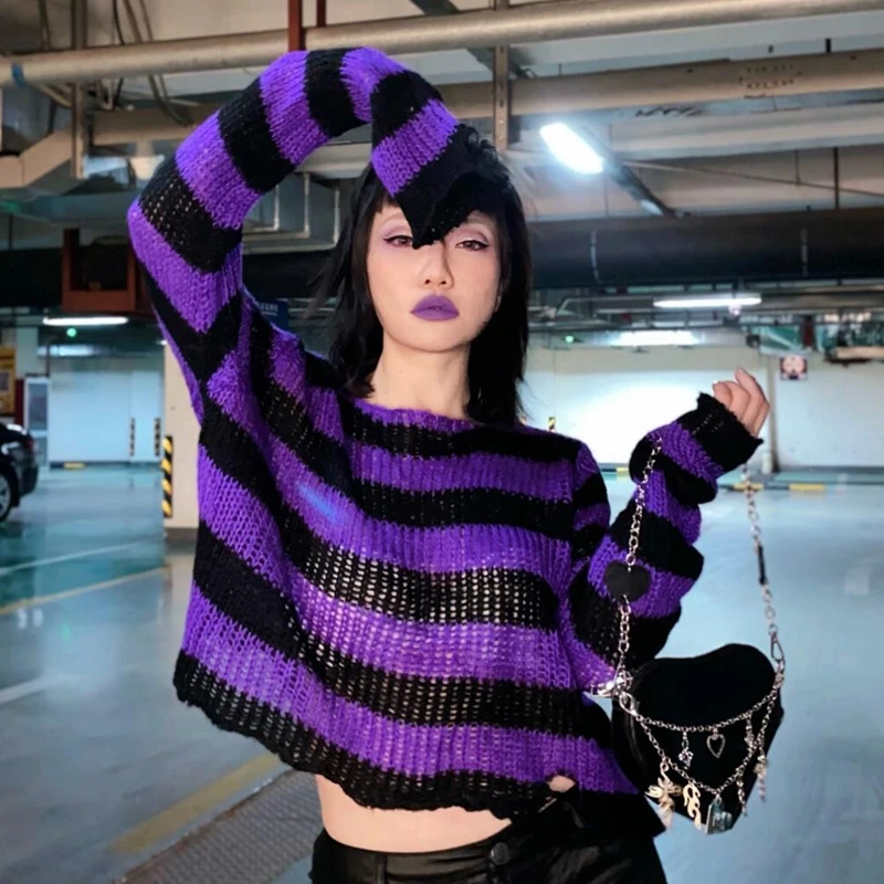 Lairauiy Women Y2K E-girl Goth Hole Striped Knitted Pullovers Long Sleeve Ripped Sweater Jumpers Punk Style Kawaii Harajuku