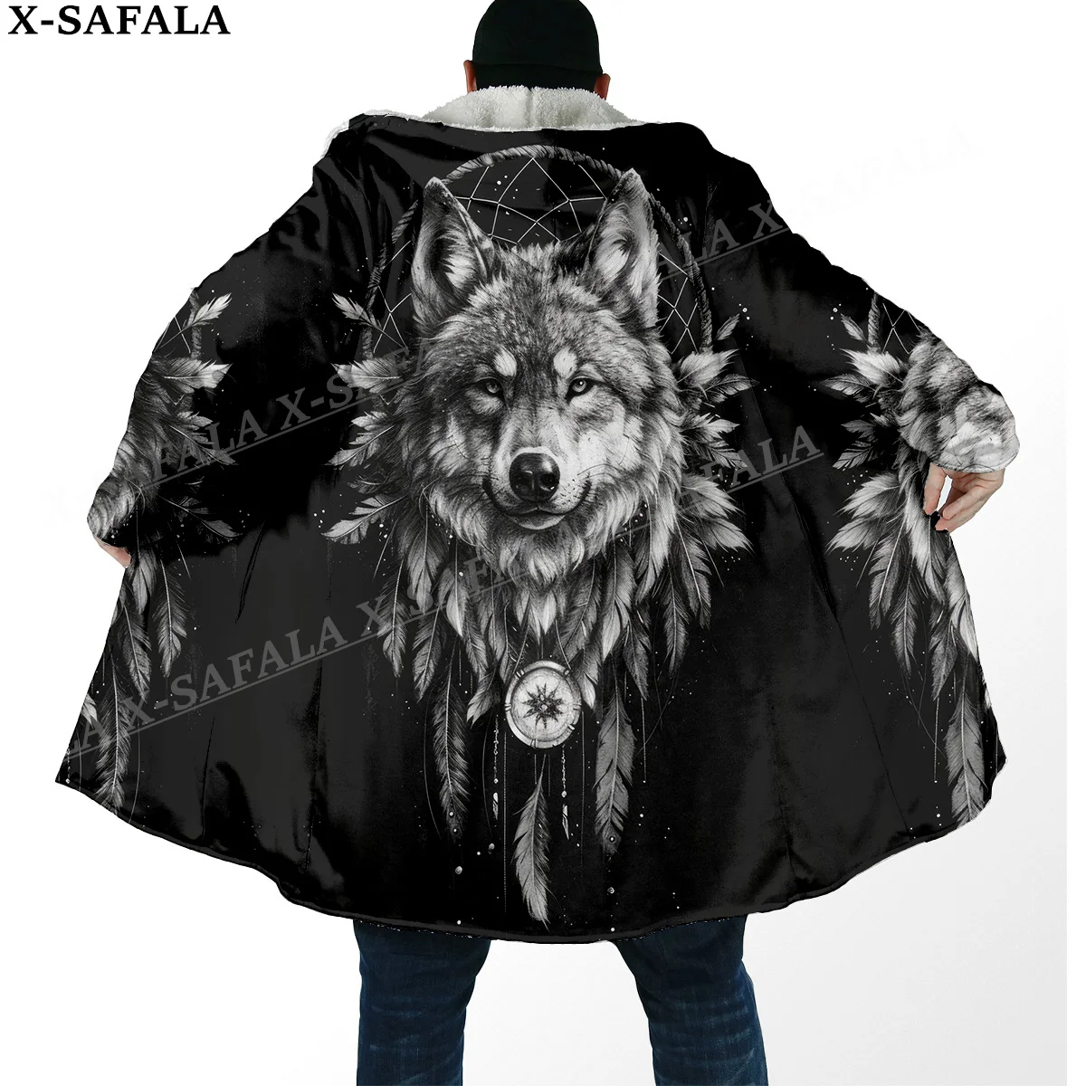 Native Wolf Spirit Totems Arts Thick Warm Hooded Cloak Men Overcoat Coat Windproof Fleece Cape Robe Hooded Blanket-11