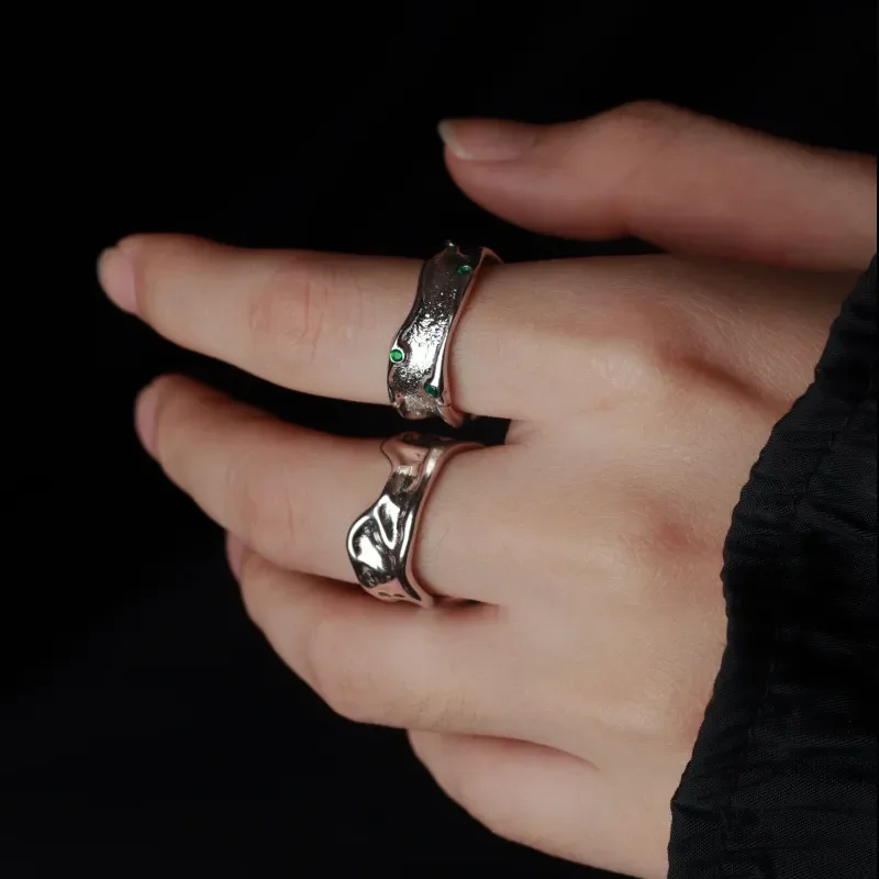 Irregular Pleated Ring Male Trendy Cold Wind Open Ring Fashion Ins Geometric Green Zircon Index Finger Ring for Men