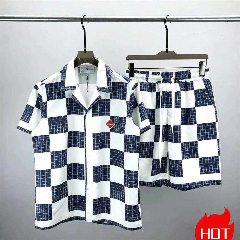 Summer New Men's Checkered Shirt Set Hawaiian Shirt Beach Short Sleeve Set Men Clothing Contrast Color Casual Stitch Shirt Suit