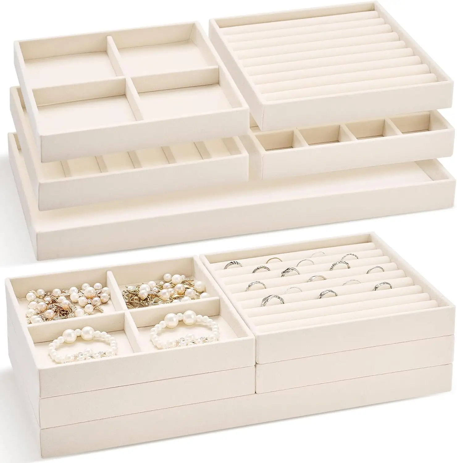 10-Piece Stackable Jewelry Organizer Trays, 14' Velvet Drawer Insert with Removable Divider for Necklaces, Earrings, Rings, Watc
