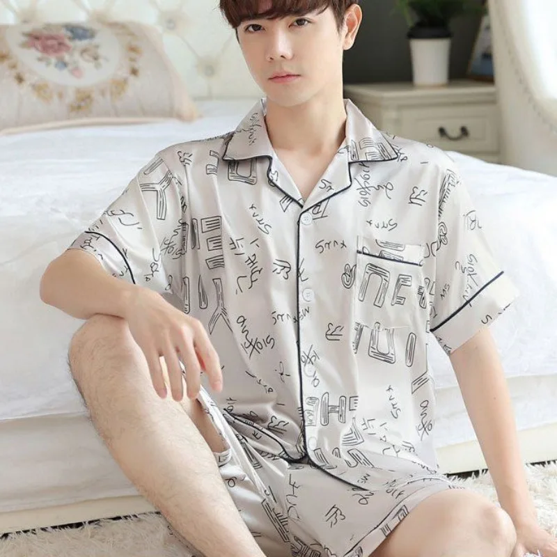 

Youth Fashion Simple Loungewear Suit New Men's Ice Silk Pajamas Set Summer Thin Short-sleeved Shorts Loose Letter Print Pyjamas