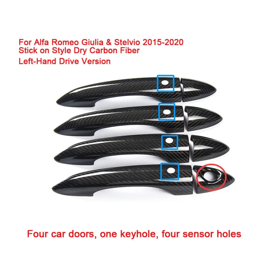 2015-2020 For Alfa Romeo Giulia & Stelvio Auto Cars Accessories LHD/RHD 4 Door Handle Cover Stick On Style Real Dry Carbon Fiber