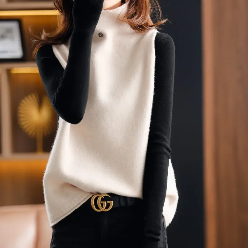 

New Women 2022 Elegant Fashion Turtleneck Pullover Sweater Vest Spring Autumn Loose Warm Solid Knit Sleeveless Waistcoat Female