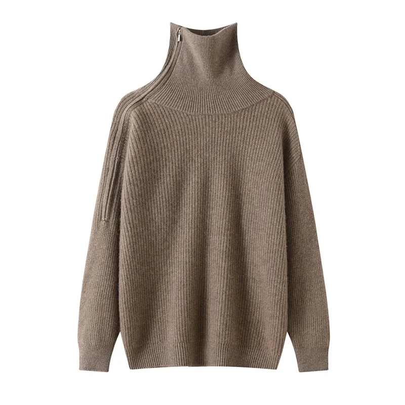 Autumn and winter high flip side zipper slanted collar 100% cashmere sweater women's knitted undershirt sweater loose top