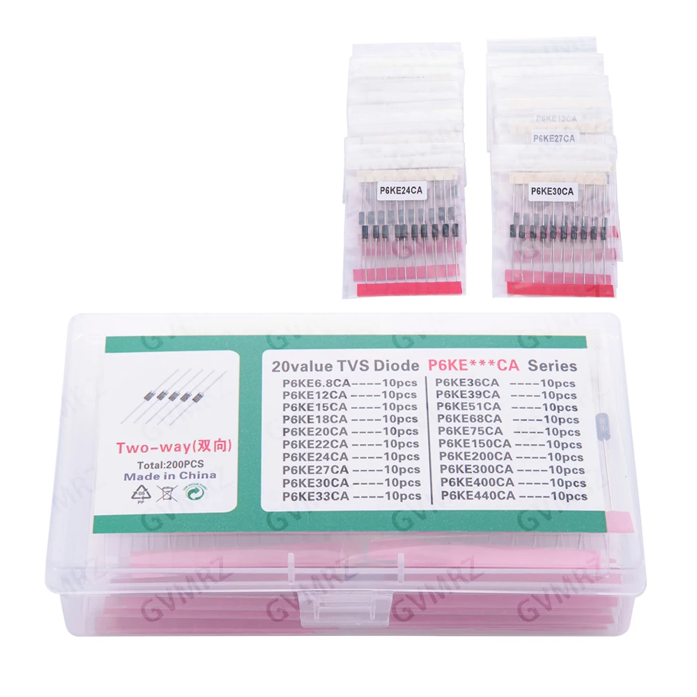 200pcs 20values*10pcs 27/30/33/36/39/51/68/75CA TVS transistor Kit P6KE6.8A/CA 12/15/18/20/22/24/CA TVS Diode