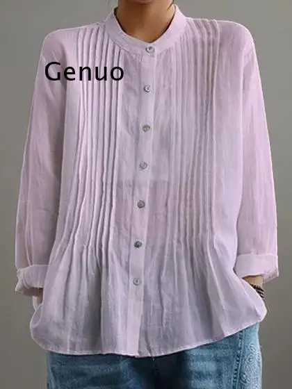 

Fashion Women's Linen Stand Collar Shirt Pleated Long Sleeve Oversized Casual Summer Blouse