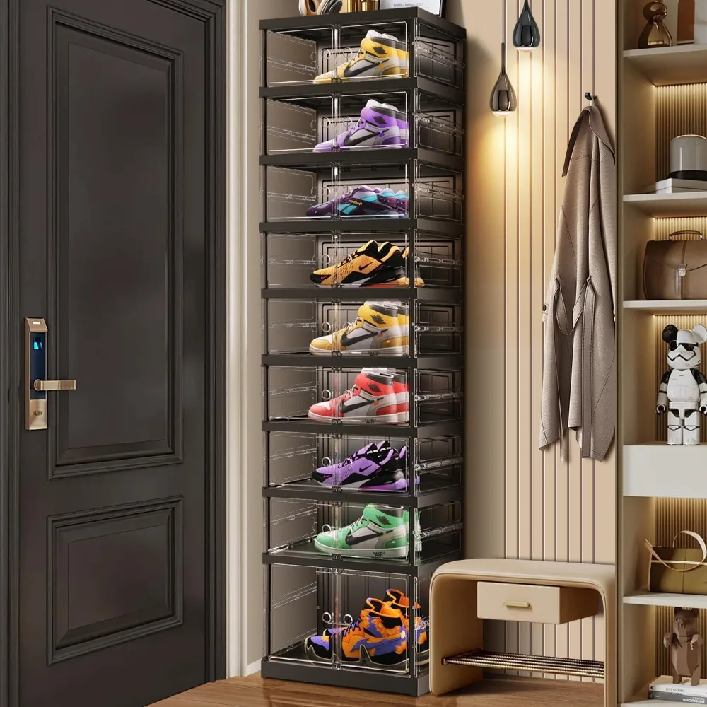 

9-Tier Foldable Shoe Rack,Stackable Clear Shoe Storage Boxes Organizer with Door Plastic Small Shoe Cabinet Bins