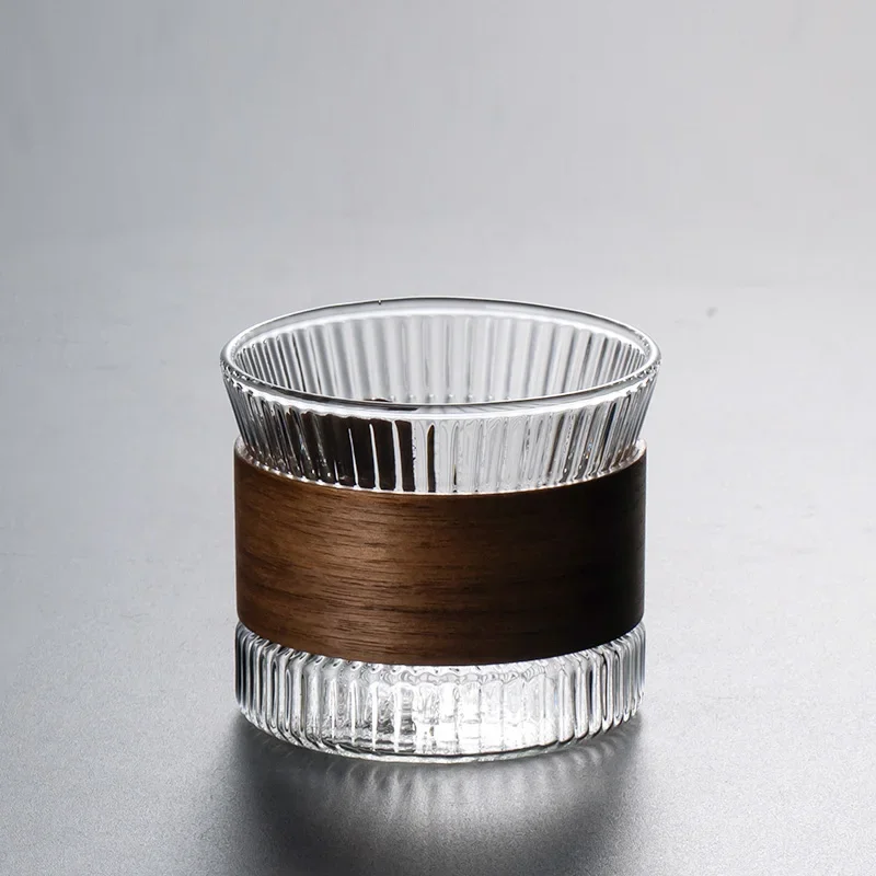 PARACITY Glass Cup Japanese Transparent Heat-Resistant Flower Tea Cups Walnut Anti-Scalding Sleeve Design Coffee Cup