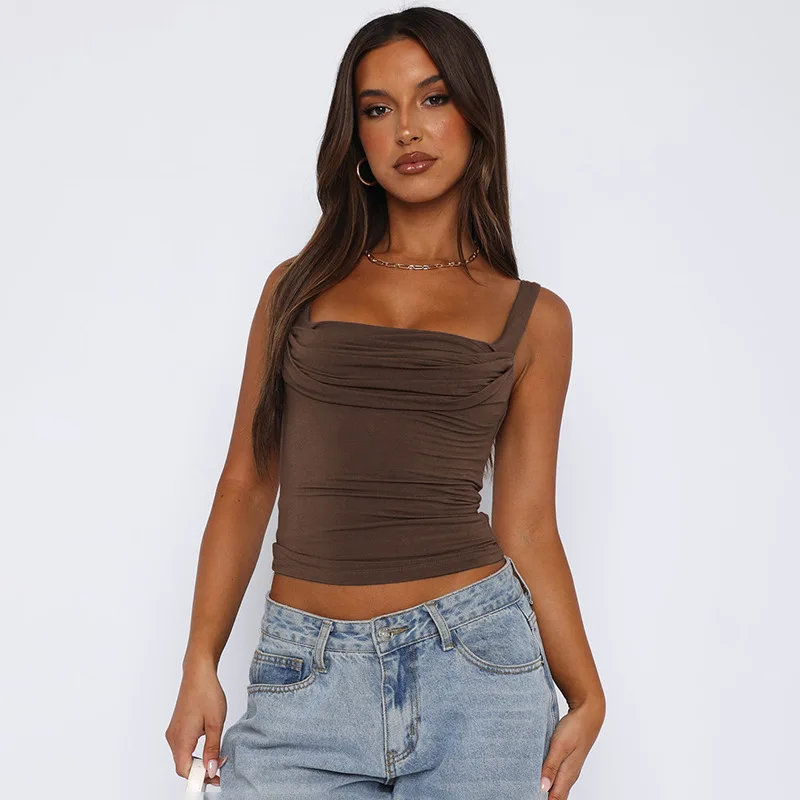 Women's sleeveless T-shirt, backless sexy smooth streetwear, sleeveless tight casual T-shirt, fashionable pleated sleeveless T-s