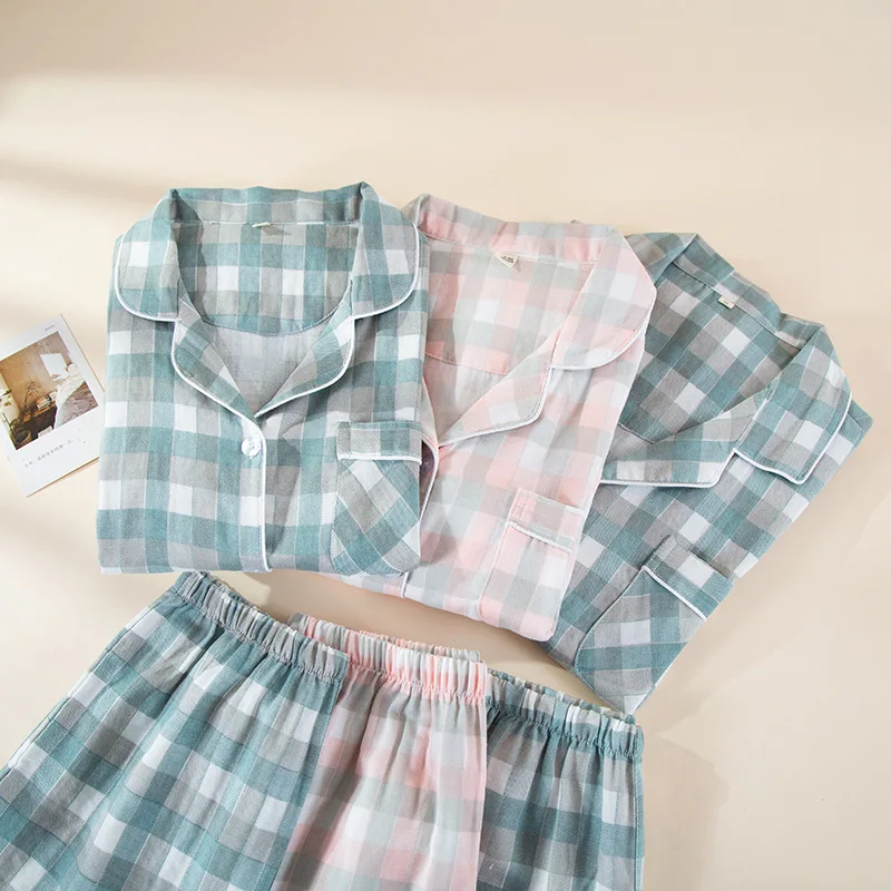 Pajamas for Female Couples Summer Double-layer Cotton Short-sleeved Shorts Suit Men's Lapel Cardigan Home Wear