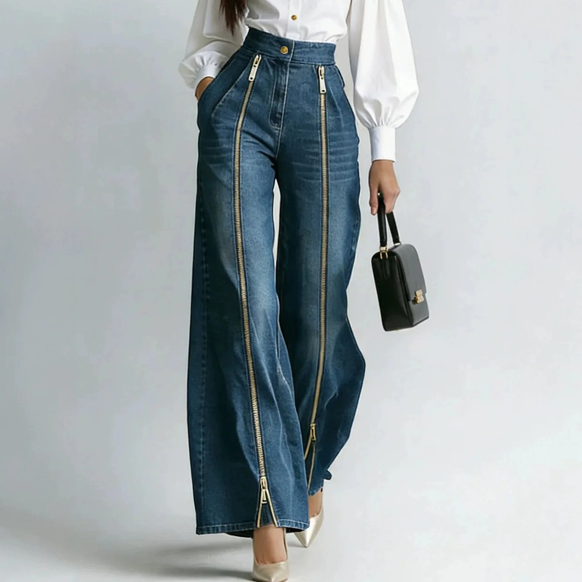 Women's High Waisted INS Style Gold Zipper Wide Leg Straight Tube Fashionable Casual Loose Slanted Pocket Denim Pants