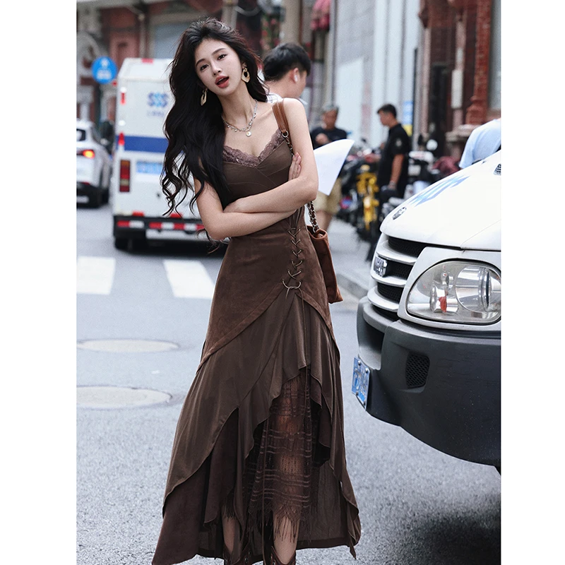 

Bohemian New Spring Women Spaghetti Strap Camisole Flounced Edge Patchwork Mid-calf Dress Good Quality Elegant Slim Dresses T71