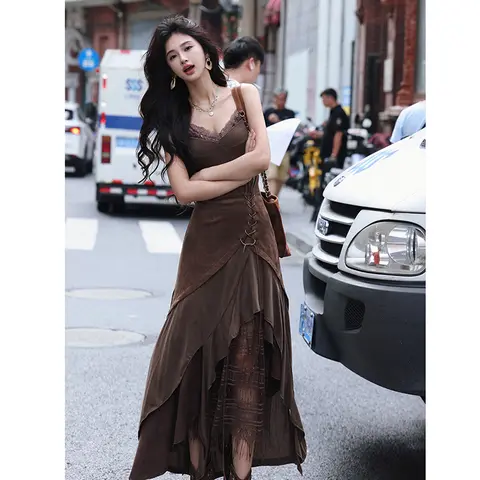 보헤미안 새 봄 여성 스파게티 스트랩 캐미솔 Flounced Edge 패치 워크 Mid-calf Dress 좋은 품질 우아한 슬림 드레스 T71
