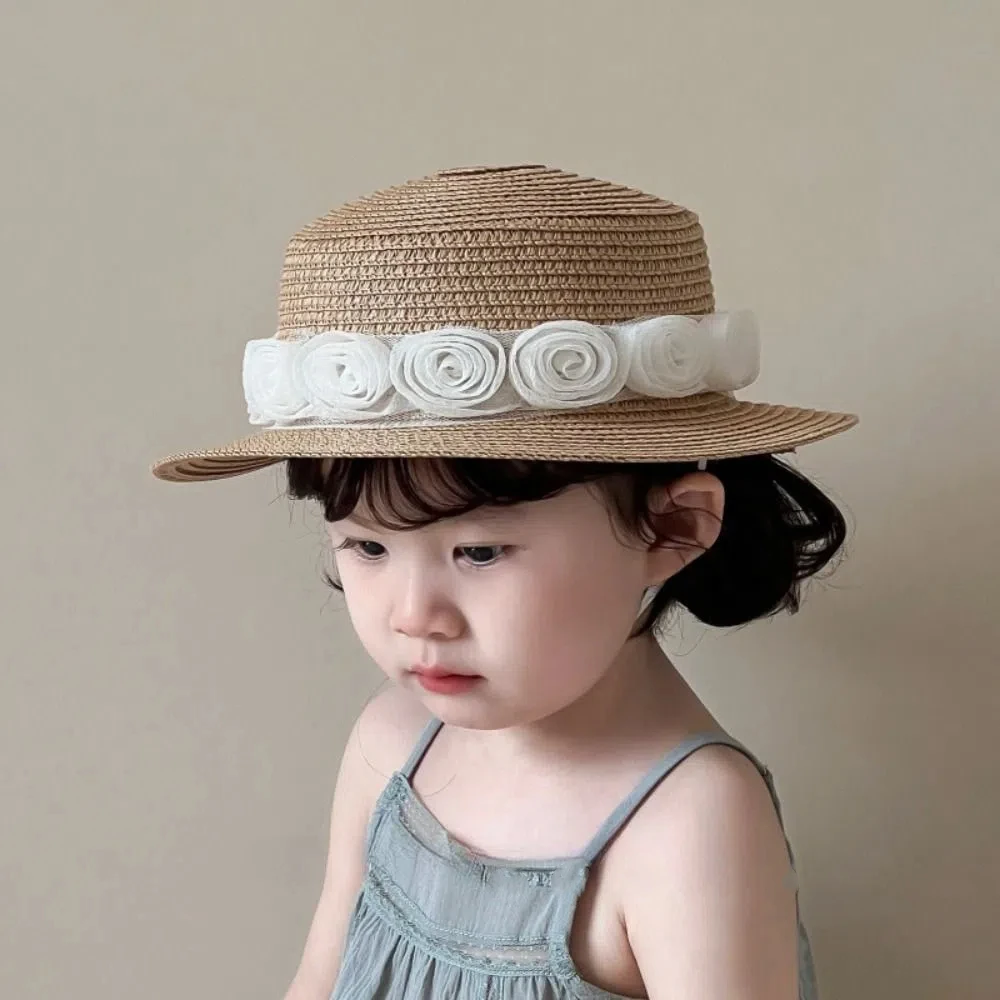 Ins Summer Baby Straw Caps French Vacation Flower Lace Straw Hat Beach Travel Children Sun Hat 2-6 years