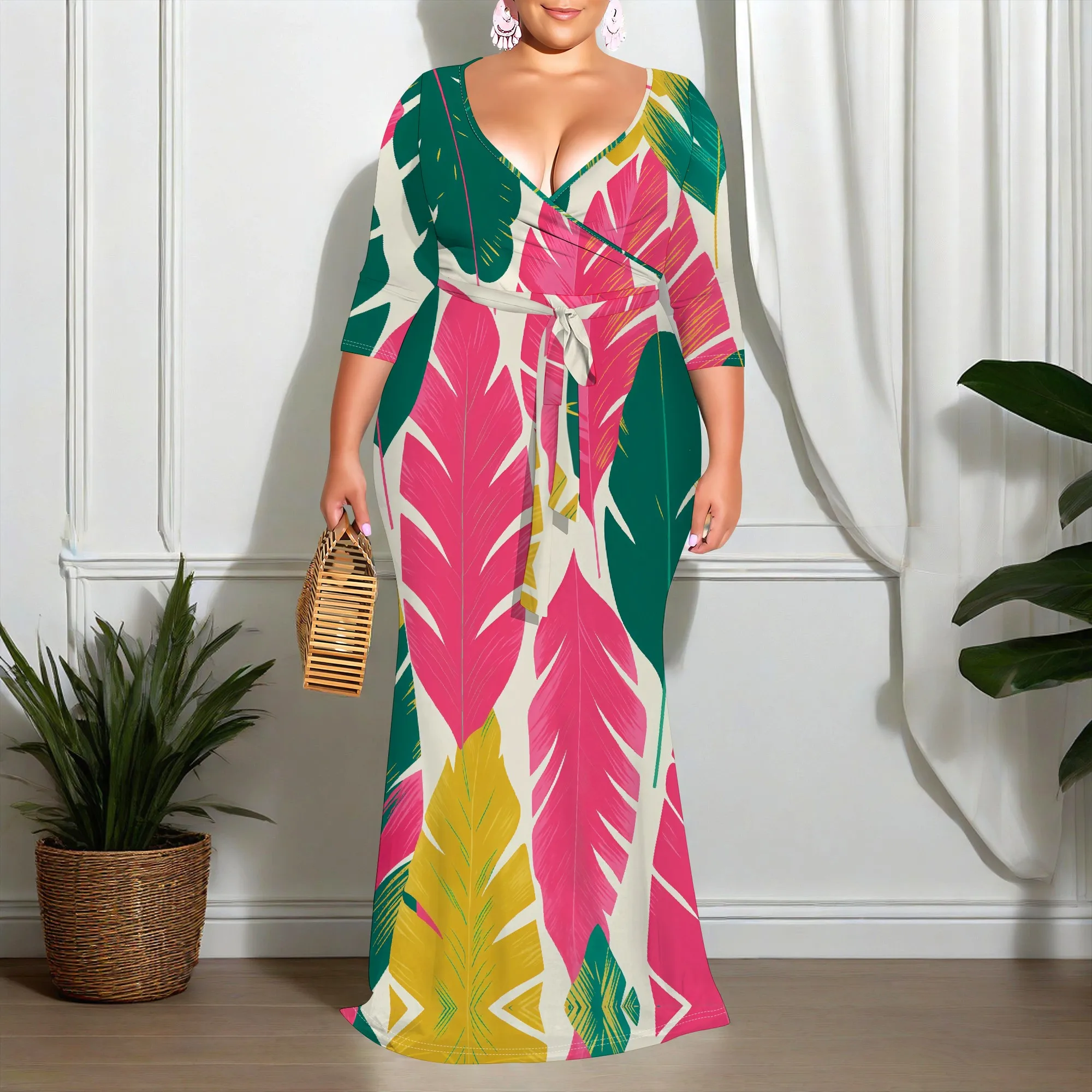 

Plus Size Tropical Print Maxi Dress for Women XL-6XL 2025 Summer V Neck Tie Waist Elegant Loose Holiday Beach Dress