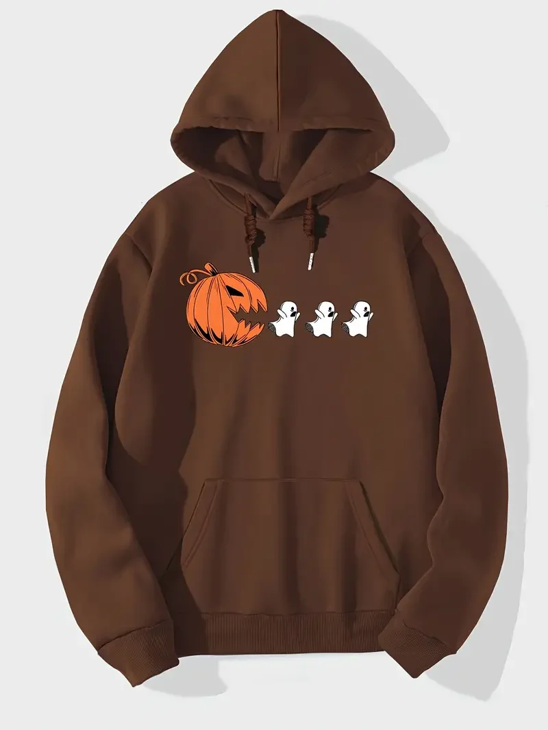 Evil Pumpkin Cute Ghost print texture trendy winter Drawstring hoodie casual Halloween style Women\'s sweatshirts outerwears