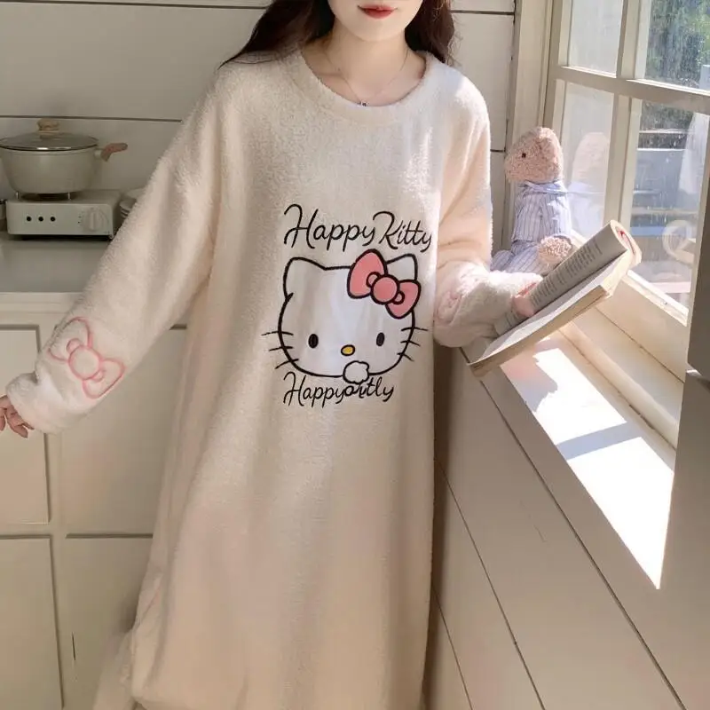 

Sanrio Hello Kitty Women's Sleepgown Nightdress Autumn Winter Thickened Coral Fleece Long Home Loungewear Cozy Warm Sleepwear