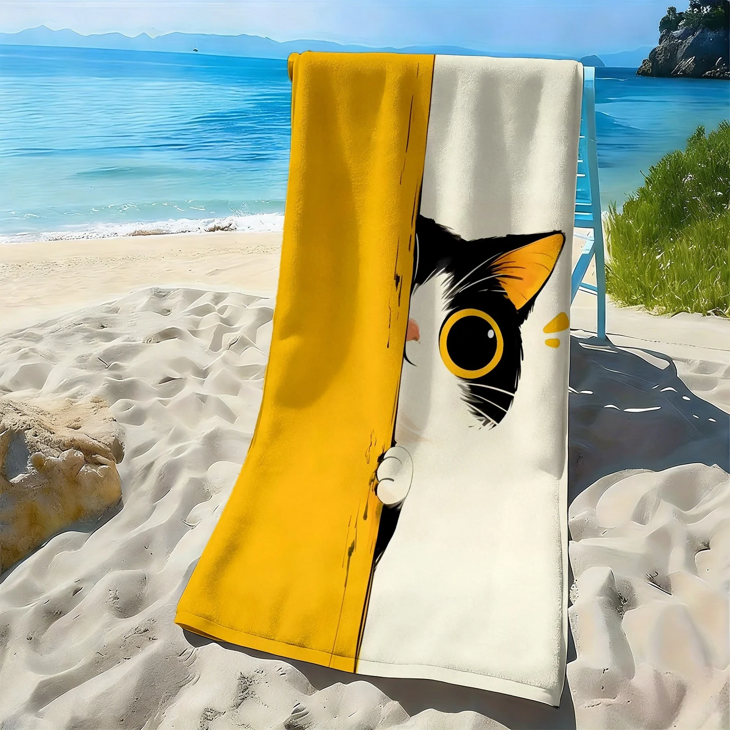 

Пляжное полотенце из полиэфирного микроволокна с забавным мультяшным рисунком кота, очень хорошо впитывает влагу, подходит для плавания и поездок на пляж.