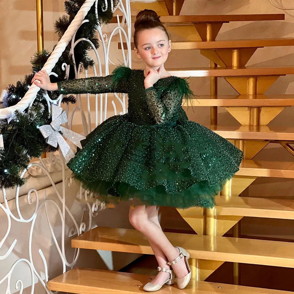 

Princess tutu Backless dress for girls' Feather beaded baby bow Dark green long sleeved little girl's 1st birthday party dress