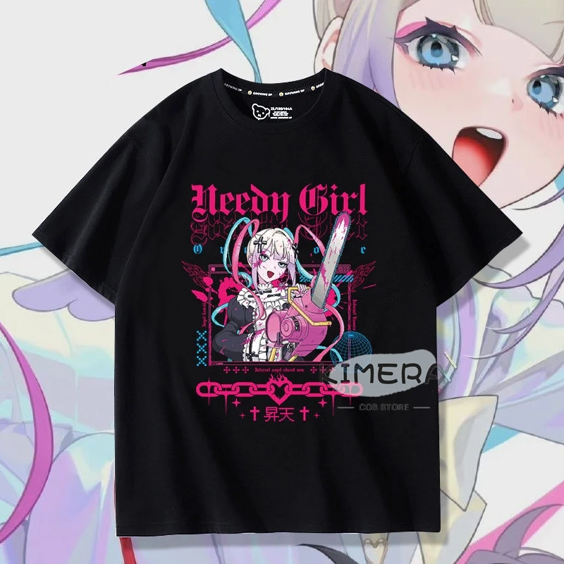 Needy girl overdose kangel oversize preto camiseta mangá gráfico camiseta feminina bonito topo masculino manga curta verão kawaii roupas de casal