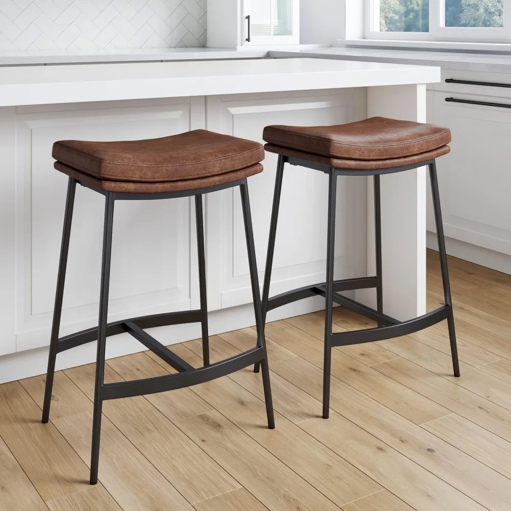 

Backless Upholstered Kitchen Counter Bar Stool with Double-Layered Saddle Seat and Black Metal Base, Chair