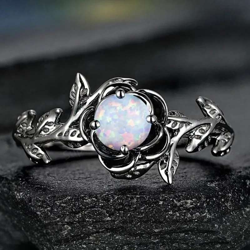 New Gun Black Personalized Retro Inlaid Opal Ring, Nepalese Rose Old Hand Jewelry