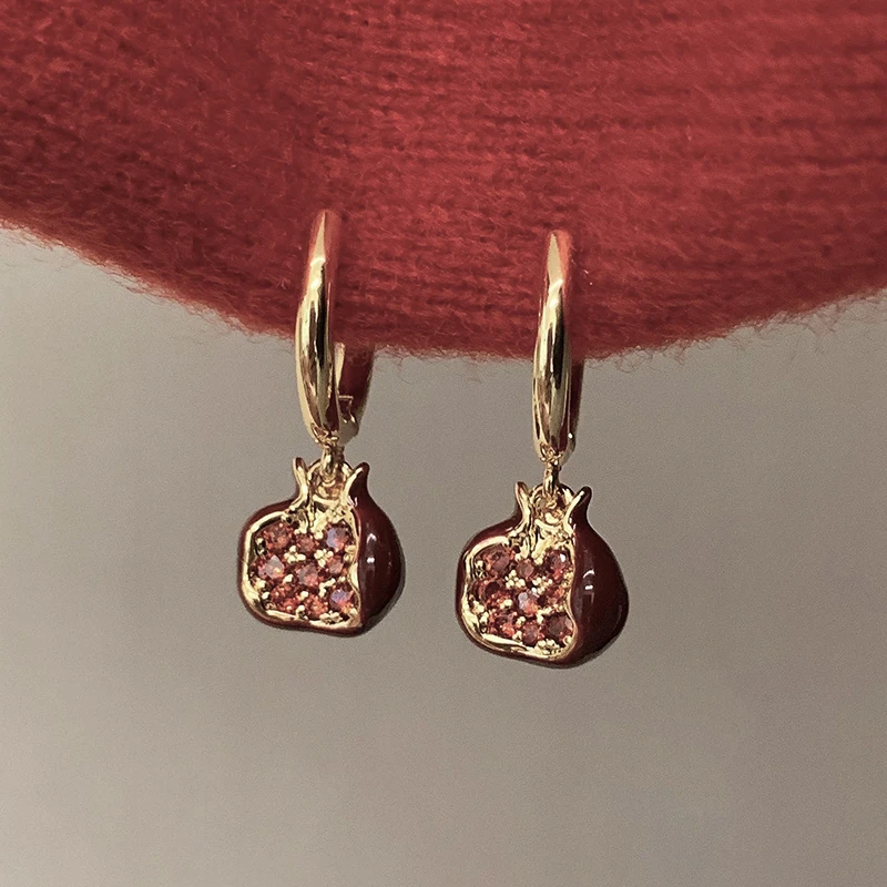 

Real 925 Sterling Silver 14K Gold Zircon Enamel Pomegranate Hoop Earring for Women Minimalist Fine Jewelry Vintage Accessories