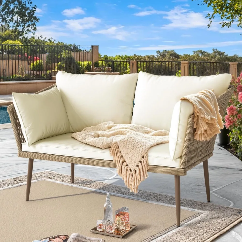 

Patio Wicker Loveseat, All-Weather Rattan 2 Seater Sofa with Cushions & Lumbar Pillows, Outdoor Patio Furniture Set for Patio,