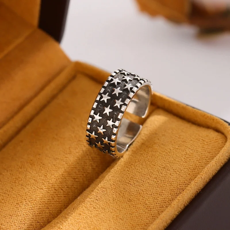 

Hot selling new 925 sterling silver retro personality pentagram hip-hop vintage starry sky open ring wholesale for women JZ052