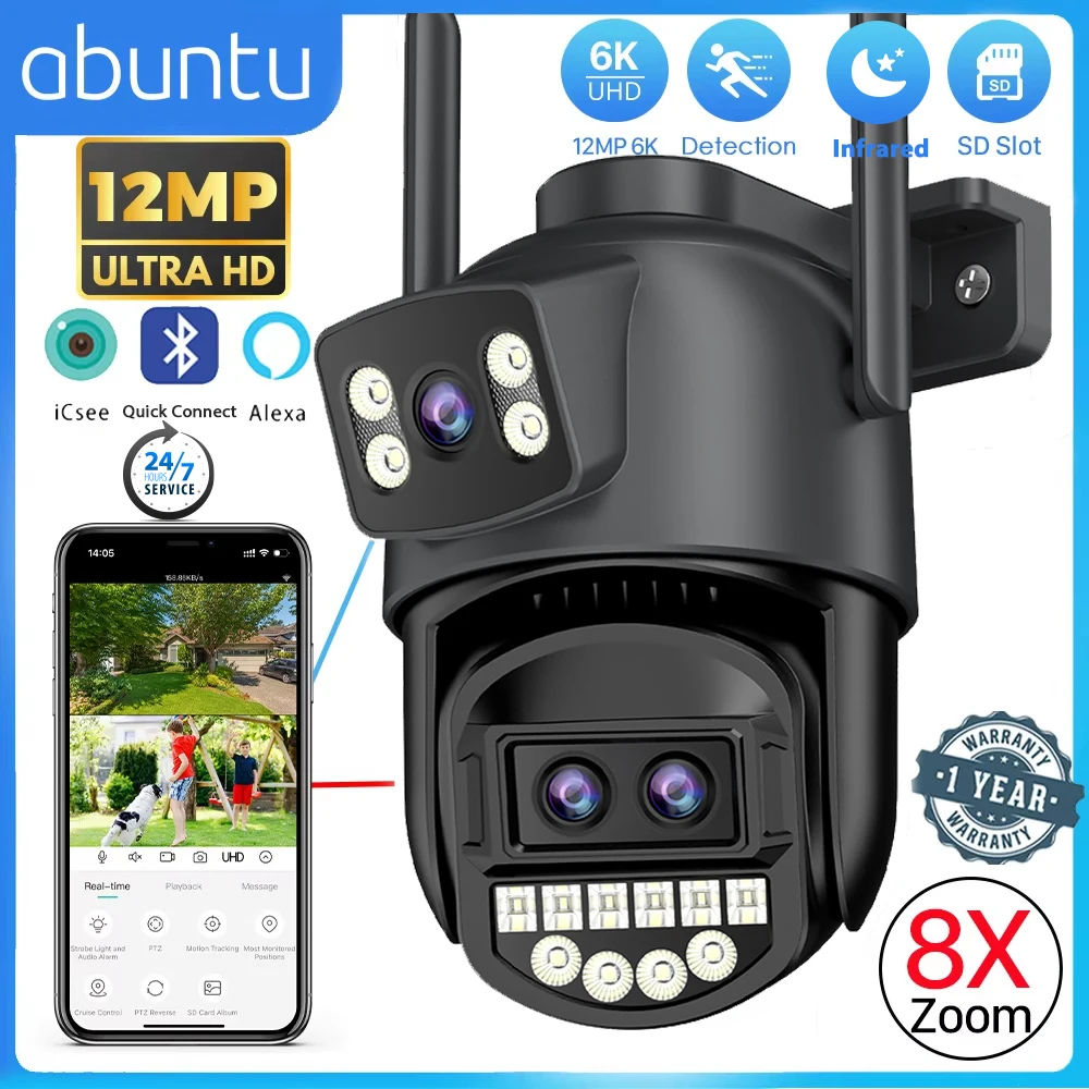 12MP 6K PTZ Wifi Camera 8X Digital Zoom Outdoor Dual Screens Wifi Surveillance Camera Night Vision CCTV IP Security Camera ICSEE