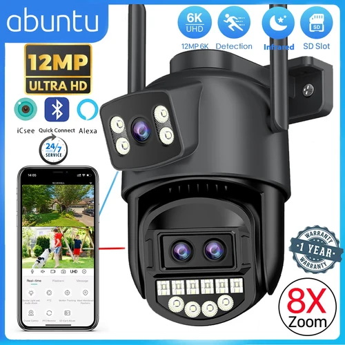 Cámara Wifi PTZ de 12MP y 6K, Zoom Digital 8X, pantallas duales para exteriores, cámara de vigilancia Wifi, visión nocturna, CCTV, cámara de seguridad IP ICSEE