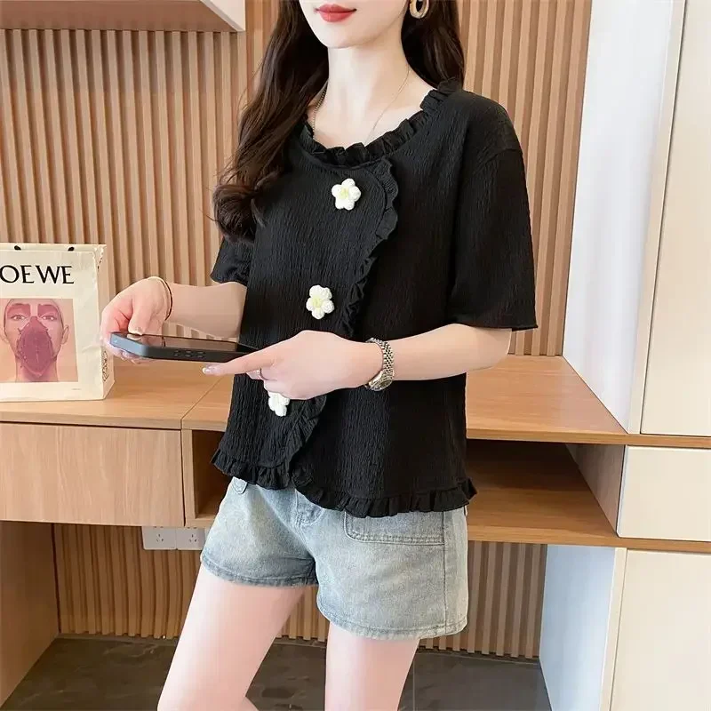 스타일리시한 플로럴 라운드넥 셔츠 여름 입체 여성 의류 솔리드 컬러 캐주얼 루즈 식용 버섯 블라우스