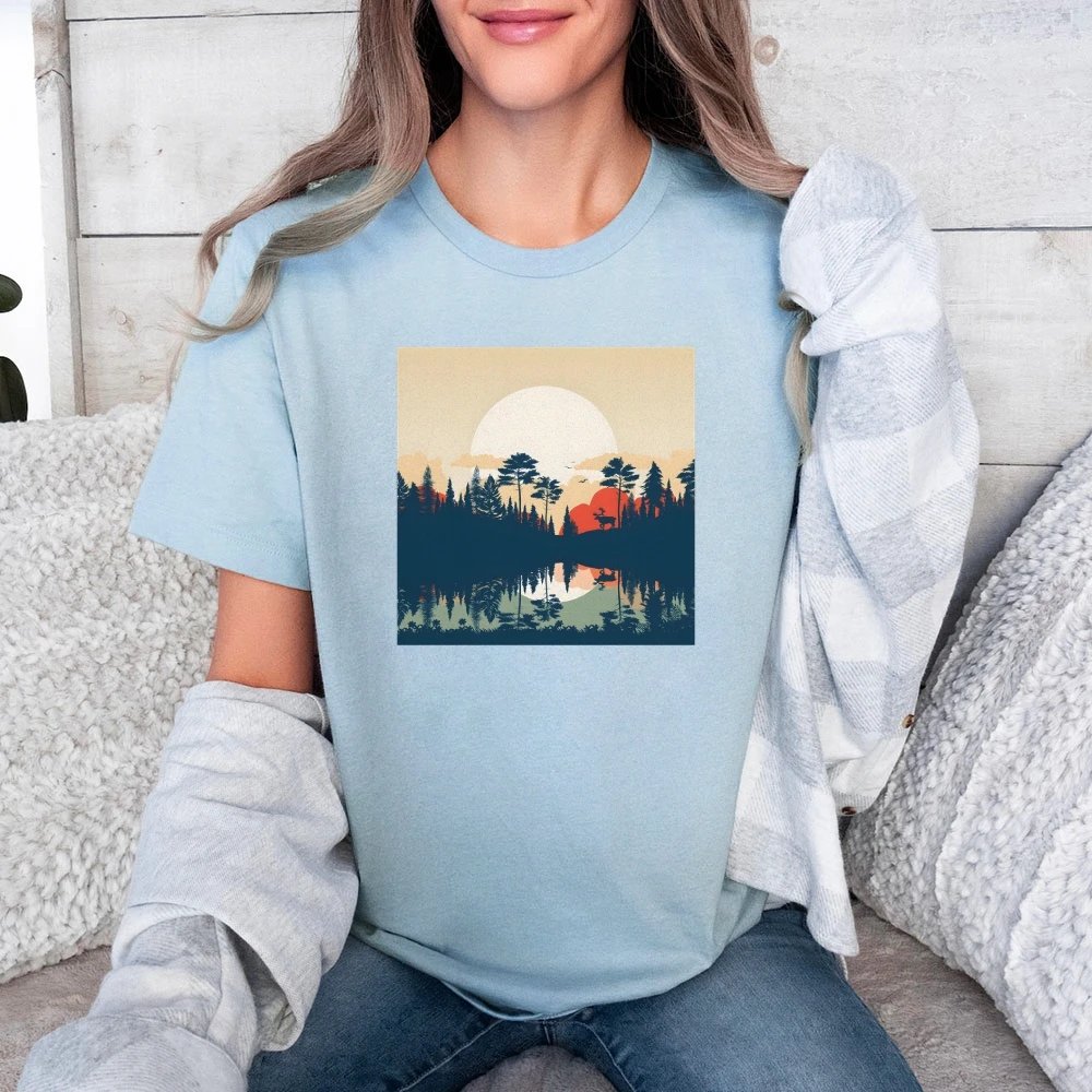 

Y2K Cotton Casual Women‘s T - Shirt Short Sleeve Round Neck Fitted, Stunning Forest Sunset with Moose Silhouette Colorful Nature