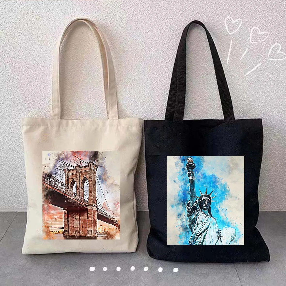 New York Paris Ankara London Budapest Madrid Cairo Watercolor Ink Painting Shoulder Canvas Tote Bag Eco Shopper Shopping Handbag