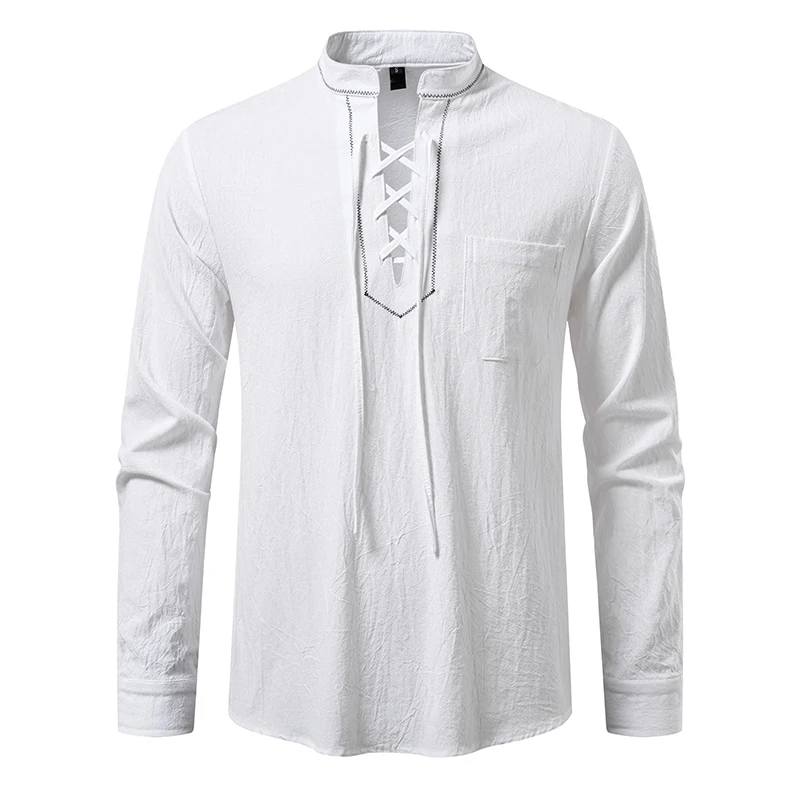 Men's Medieval T-Shirt Long Sleeve Drawstring Henley Style Top with Chest Pocket Embroidery Detail Solid Color Clothing
