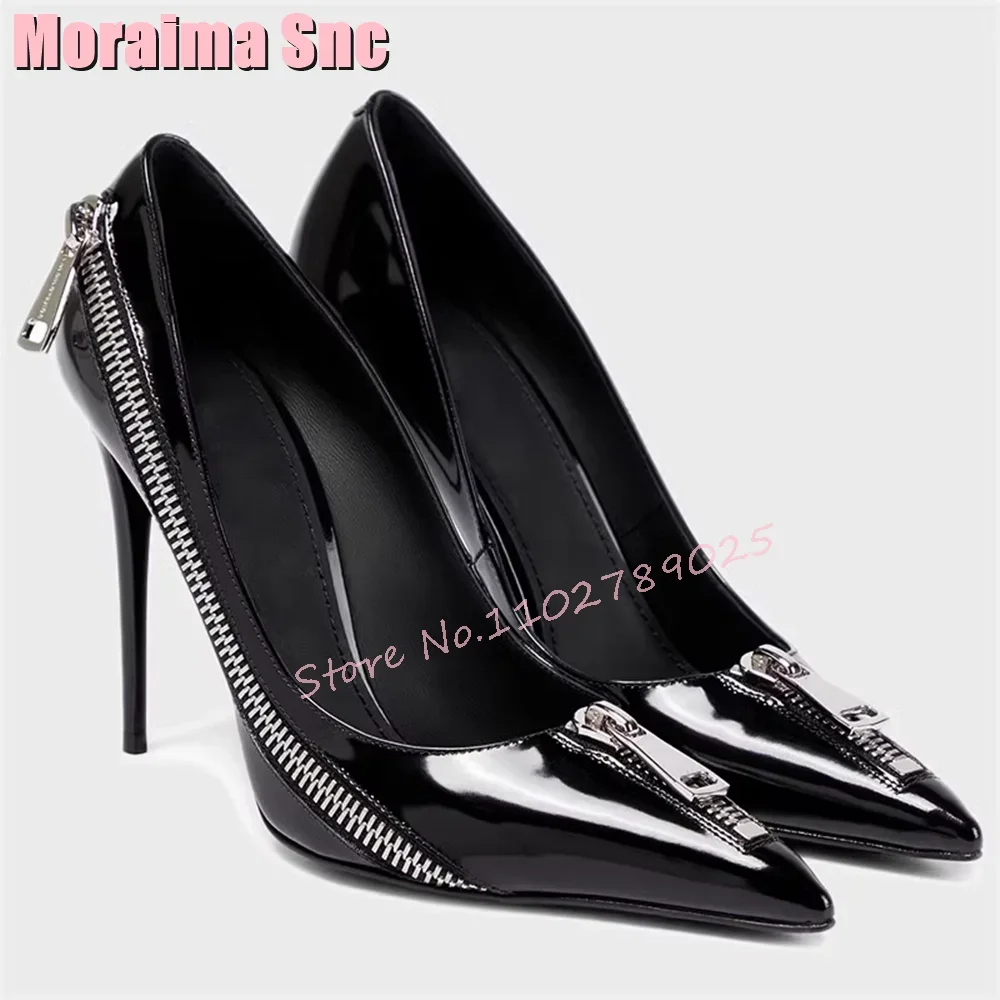 

Metal Zipper Shallow Pointed Toe Pumps Patent Leather Stiletto High Heels Black Solid Sexy Unique New Women Shoes Summer Fashion