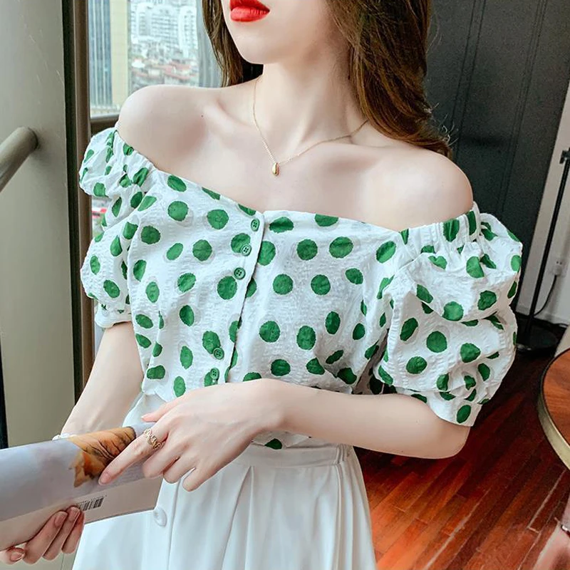 Women Trendy Polka Dot Printed Chiffon Blouses 2024 Summer Elegant Square Neck Short Sleeve Shirts Female Casual Sweet Chic Tops