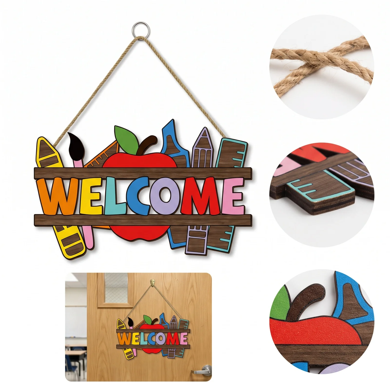 Back-to-school Door Decoration Wooden Welcome Sign Classroom Door Sign Wall Art Decor Outdoor Indoor Door Hanging Ornament